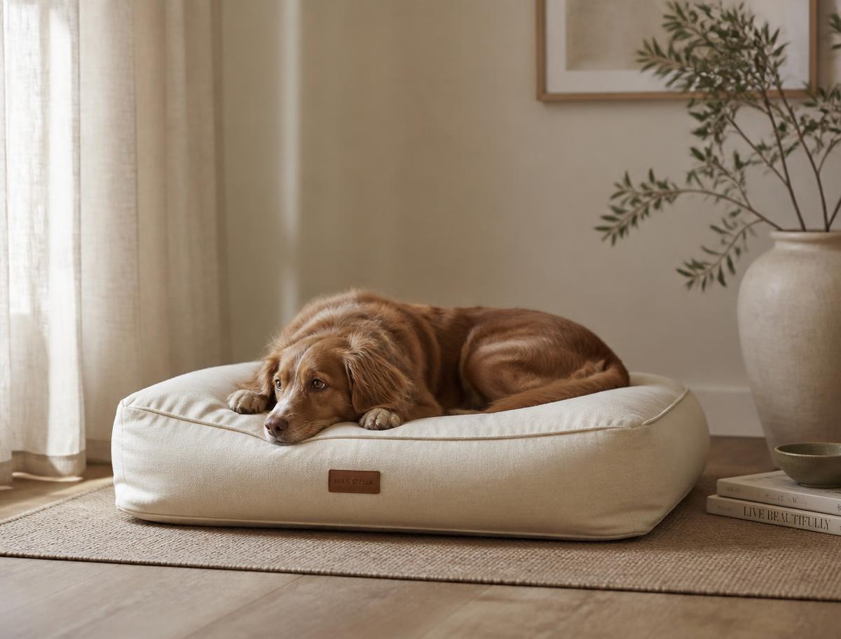 Dog resting on a cream cushion bed in a warm, minimal room